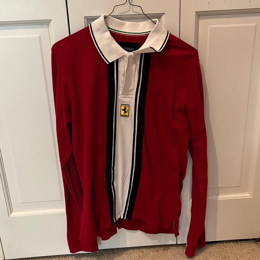 GENUINE Mens Small Ferrari Long Sleeve Button Polo Shirt with stripe